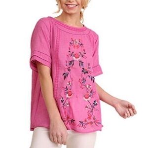 Umgee Bright Pink Floral Embroidered Short Sleeve Top